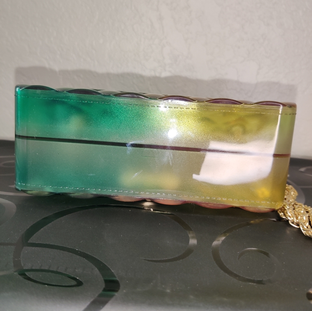 Multicolor Green/Yellow With Gold Quilted Chain Bag Dimensions 7" x 3.5" x 2.5" - Picture 4 of 5